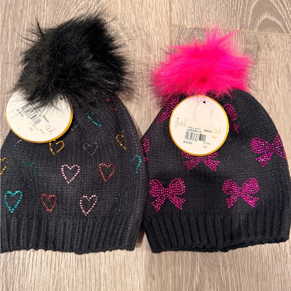 Julie & Judah Black Beanie Hats with Pink and Multicolor Accents